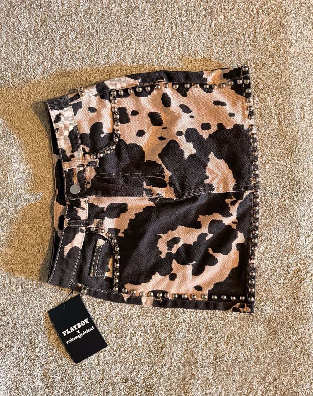 Playboy X Missguided Studded Cow Print Denim Mini Skirt